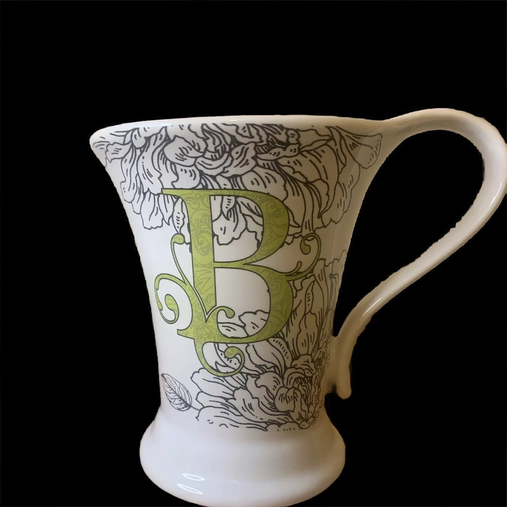 Cypress Monogram Letter B Mug White w. Lime Green Inside Black Roses Scroll Art